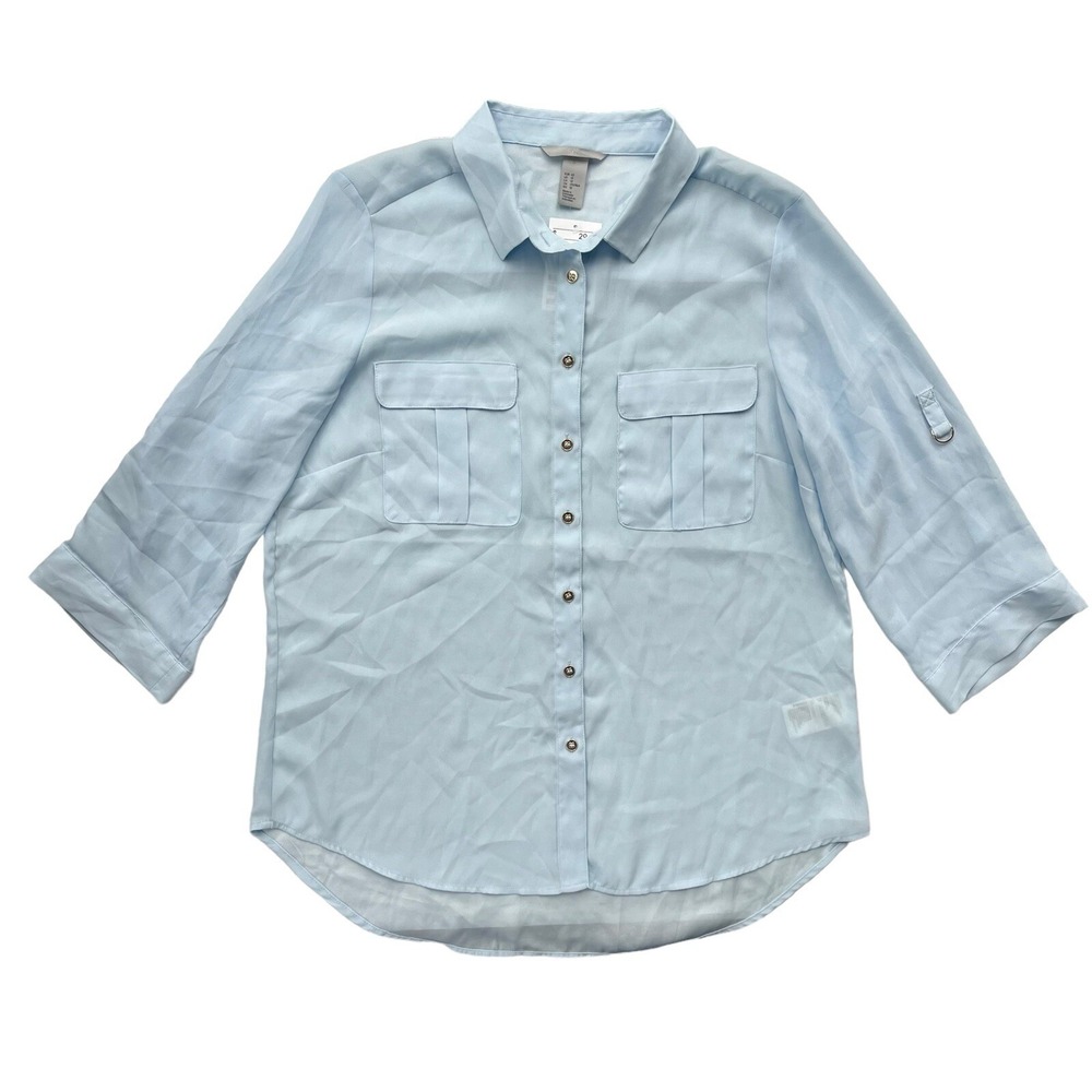 H&M Womens 12 Light Blue Sheer Chiffon Roll Tab Sleeve Button Down Blouse Preppy